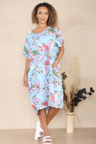 LEAF PATTERN SHORT SLEEVE DRESS WITH POCKETS: BABY BLUE