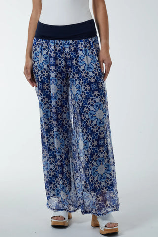 NAVY MOSAIC PRINT SHEER TROUSERS