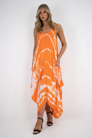 TIE DYE PRINT SUN DRESS: ORANGE