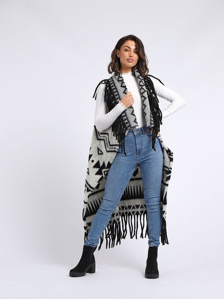 WHITE TRIBAL PRINT WOOL OPEN FRONT CARDIGAN Karma Boutique