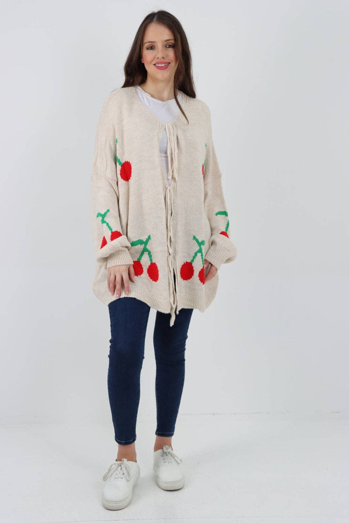 ITALIAN TRIPLE TIE FRONT CHERRY PRINT CARDIGAN PINK