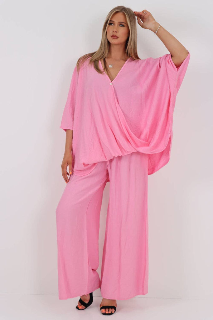 PINK WRAP OVER TOP AND TROUSER CO ORD