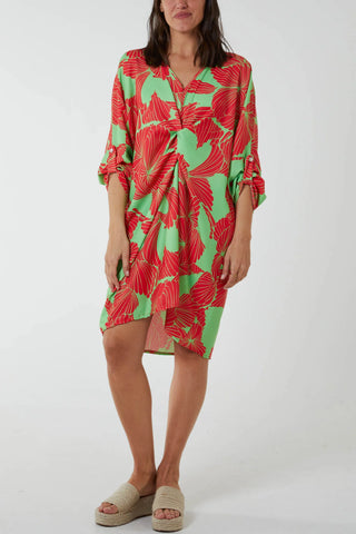 LIME GREEN FLORAL TWISTED FRONT MIDI DRESS