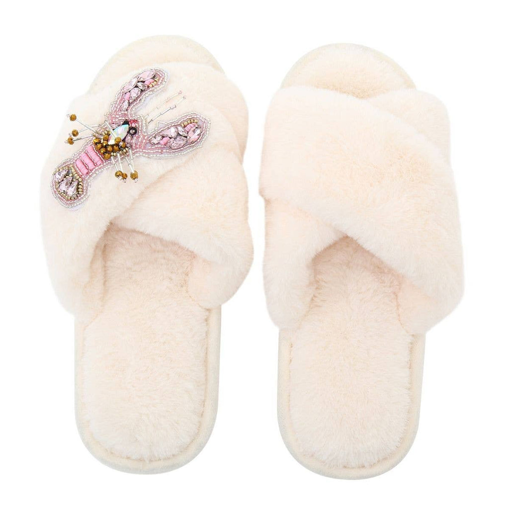 LARGE JEWELLED LOBSTER SLIPPERS IN CREAM: 40-41
