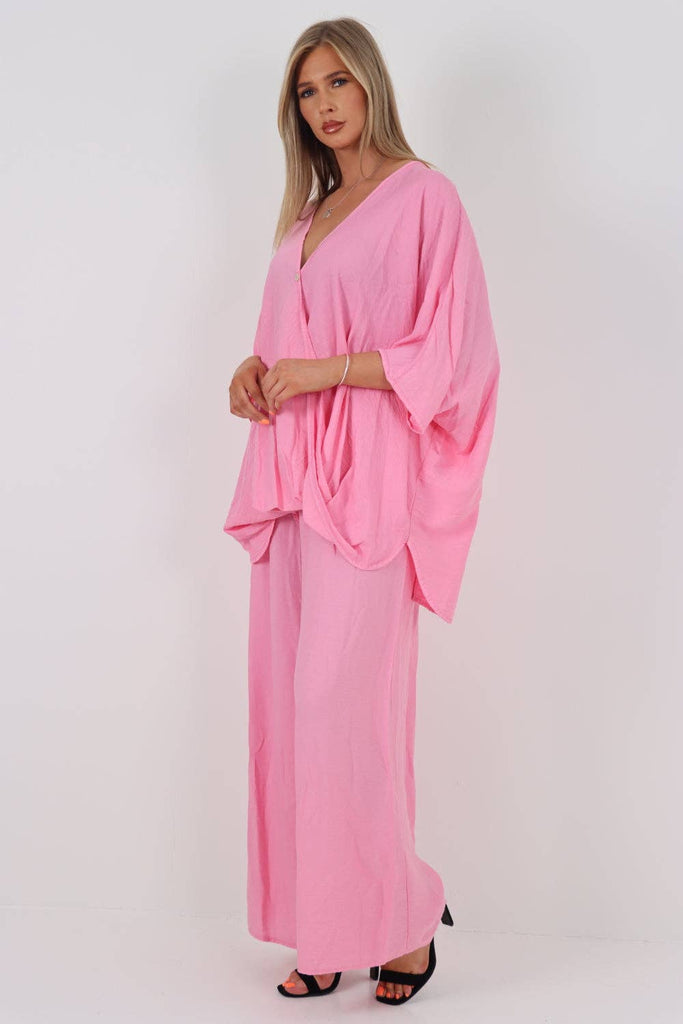 PINK WRAP OVER TOP AND TROUSER CO ORD