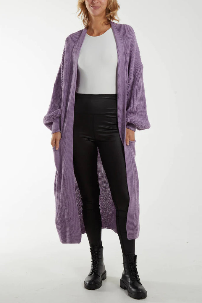 CHUNKY KNIT LONGLINE CARDIGAN - LILAC