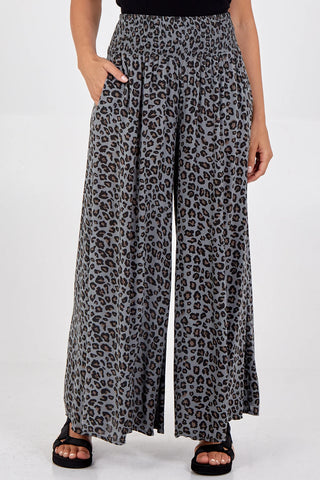GREY LEOPARD PRINT RUCHED WAIST WIDE LEG TROUSERS