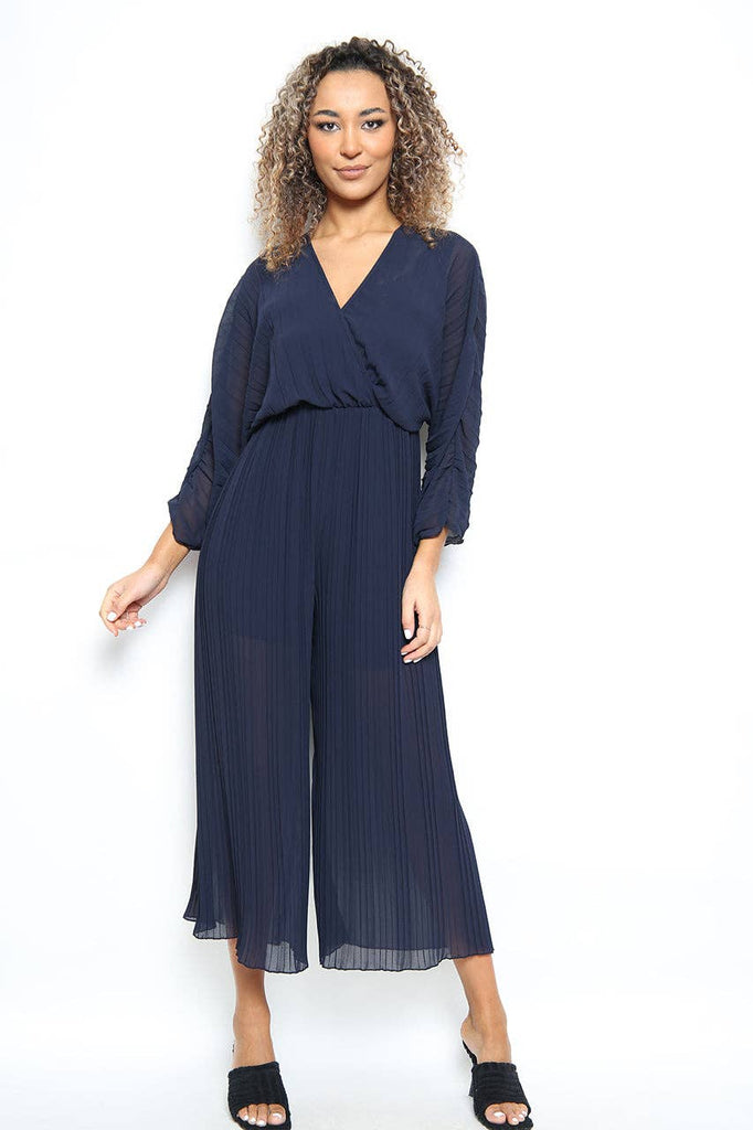 CROSSOVER PLEATED WIDE LEG JUMPSUIT: FUSCHIA PINK