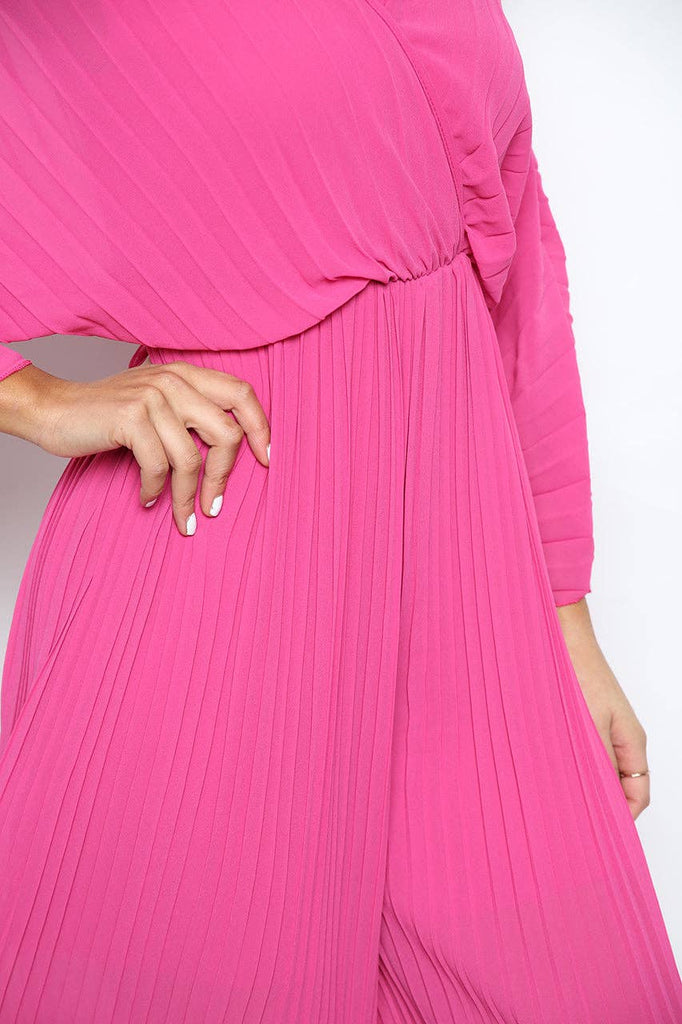 CROSSOVER PLEATED WIDE LEG JUMPSUIT: FUSCHIA PINK