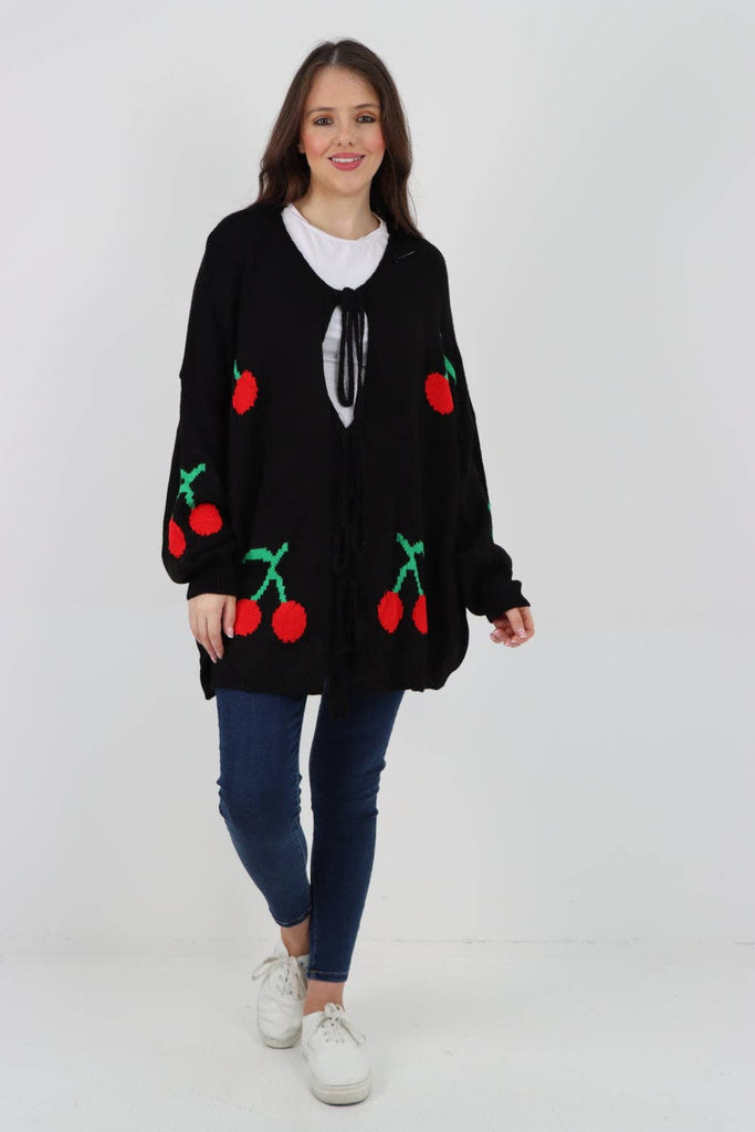 ITALIAN TRIPLE TIE FRONT CHERRY PRINT CARDIGAN BLACK