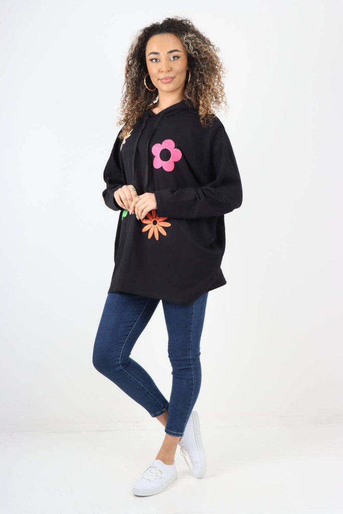 ITALIAN DITSY FLORAL PRINT HOODED TUNIC TOP: BLACK