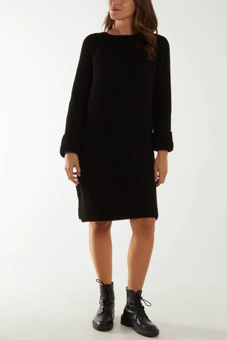ROLLED SLEEVE CHUNKY KNITTED DRESS BLACK