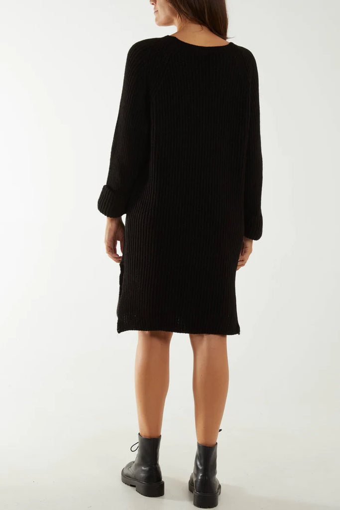 ROLLED SLEEVE CHUNKY KNITTED DRESS BLACK