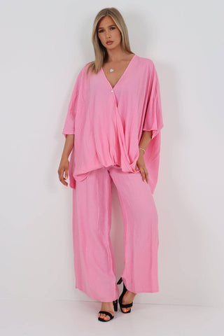 ITALIAN WRAP OVER TOP AND TROUSER CO ORD SET: PINK