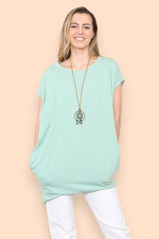 TWO POCKET COTTON TUNIC WITH NECKLACE TOP: MINT GREEN
