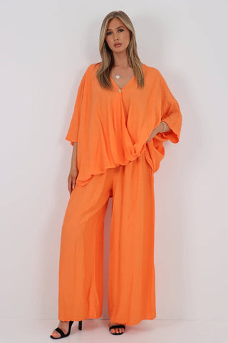ITALIAN WRAP OVER TOP AND TROUSER CO ORD SET: ORANGE