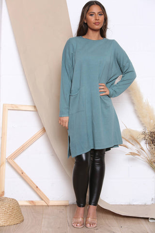 LONG SLEEVE JUMPER DRESS WITH POCKETS TEAL