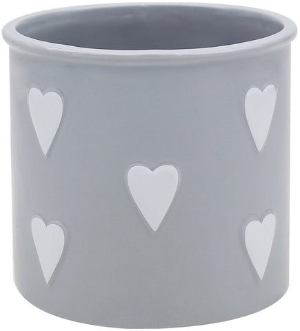 GREY AND WHITE PLANT POT WITH HEARTS 14CM