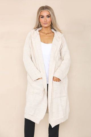 KNIT HOODED CARDIGAN WITH FRONT POCKETS: BEIGE