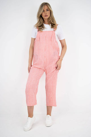 ITALIAN STRIPE PATTERN SIDE POCKETS COTTON DUNGAREES: CORAL