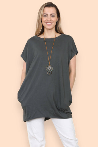 TWO POCKET COTTON TUNIC WITH NECKLACE TOP: GREY