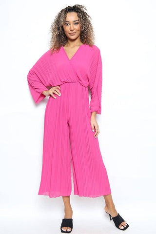 CROSSOVER PLEATED WIDE LEG JUMPSUIT: FUSCHIA PINK