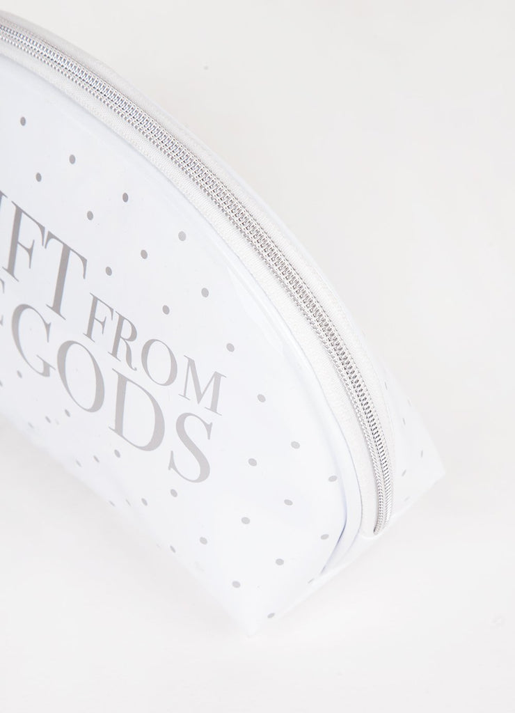 A GIFT FROM THE GODS POLKA DOT WHITE CURVE COSMETIC BAG