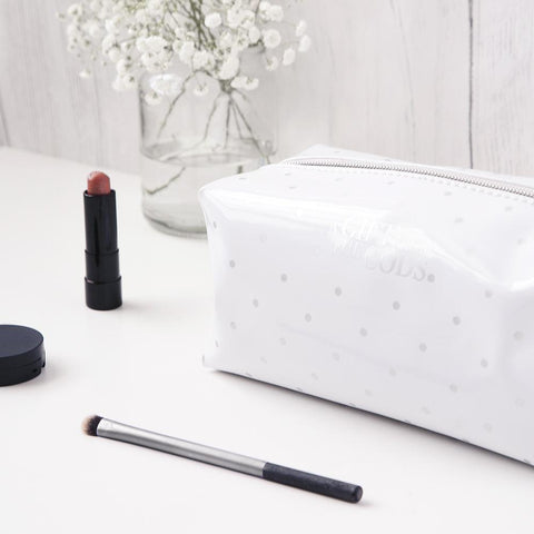 A GIFT FROM THE GODS POLKA DOT WHITE SQUARE COSMETIC BAG