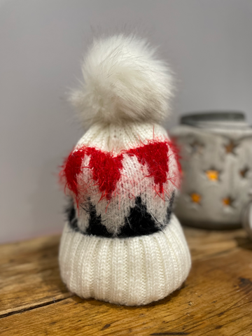 CREAM WOOL BOBBLE HAT WITH AZTEC DESIGN