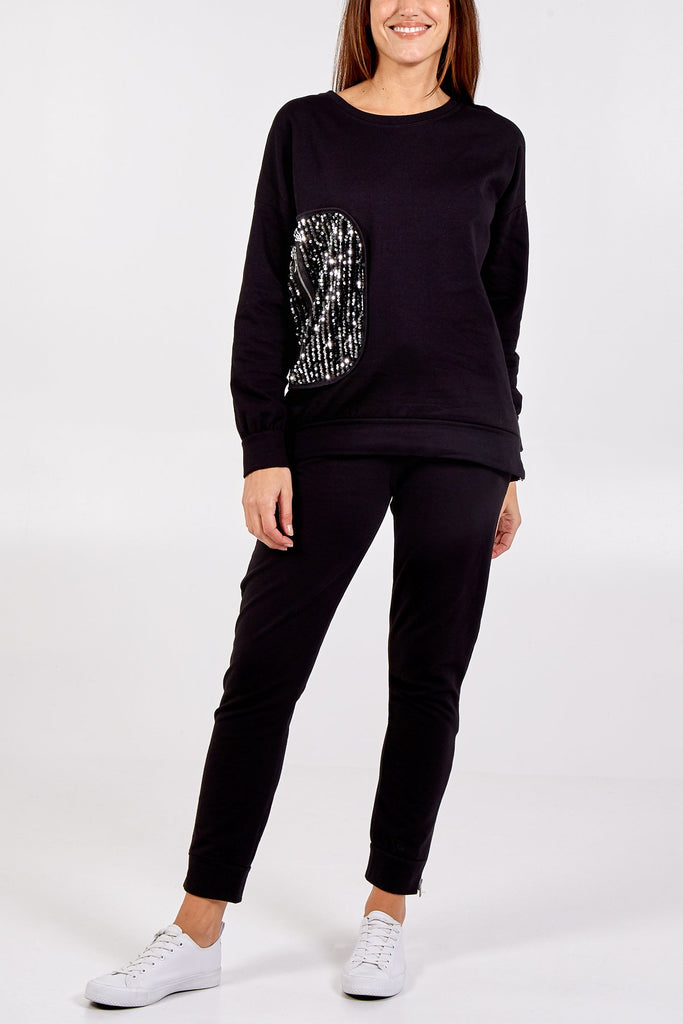 BLACK SEQUIN PATCH AND ZIP DETAIL TOP WITH TROUSER SET