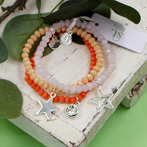 ORANGE COLOURED BEADED BRACELETS WITH CRYSTAL AND STAR