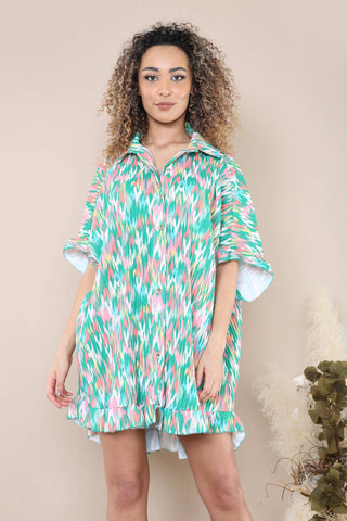 PATTERNED CRINKLE BUTTON UP SHIRT DRESS