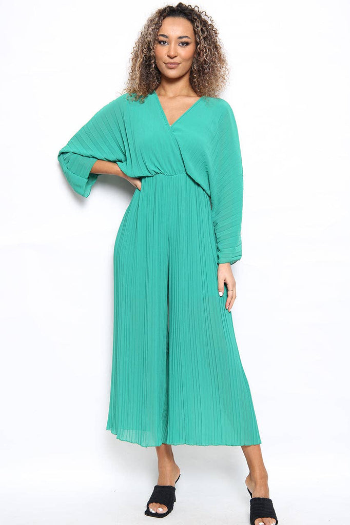 CROSSOVER PLEATED WIDE LEG JUMPSUIT: GREEN