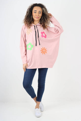 ITALIAN DITSY FLORAL PRINT HOODED TUNIC TOP: DUSKY PINK