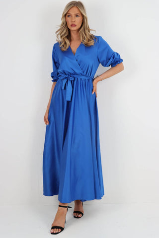ITALIAN SATIN WRAP OVER BELTED MAXI DRESS: ROYAL BLUE