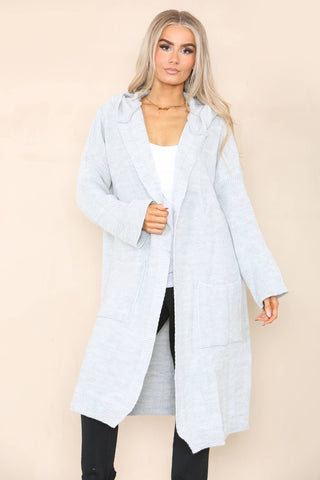 KNIT HOODED CARDIGAN WITH FRONT POCKETS: GRAY