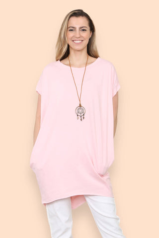 TWO POCKET COTTON TUNIC WITH NECKLACE TOP: PINK