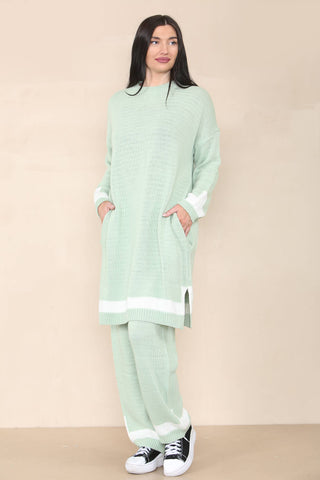 KNITTED ELONGATED TOP WITH ELONGATED WIDE LEG TROUSERS IN CO: MINT GREEN