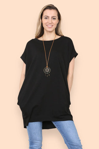 TWO POCKET COTTON TUNIC WITH NECKLACE TOP: BLACK