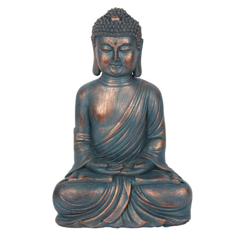 SMALL BLUE HANDS IN LAP SITTING BUDDHA GARDEN ORNAMENT