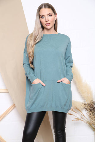 COMFORTABLE FIT JUMPER WITH POCKETS LAKE GREEN