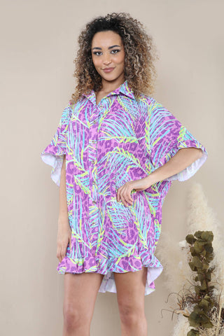 PURPLE PATTERNED CRINKLE BUTTON UP SHIRT DRESS