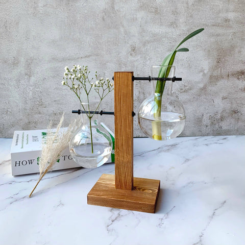 GLASS BULB VASE WITH WOODEN STAND