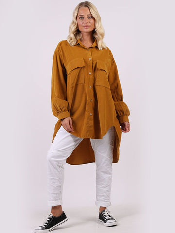 CHOCOLATE ITALIAN PLAIN CORDUROY COTTON DIPPED HEM BAGGY SHIRT DRESS