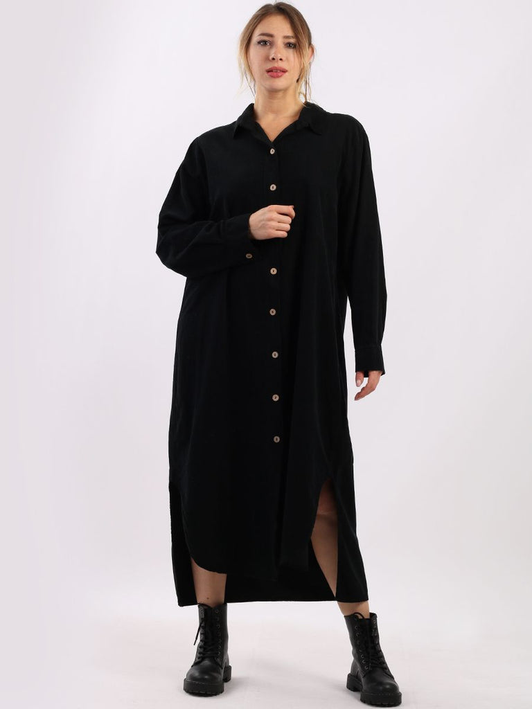 BLACK ITALIAN PLAIN FRONT BUTTONS COTTON LAGENLOOK CORDUROY SHIRT DRESS