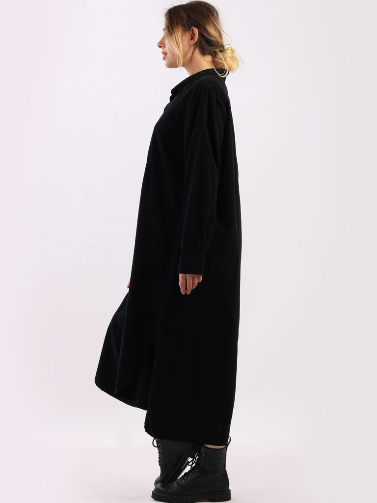 BLACK ITALIAN PLAIN FRONT BUTTONS COTTON LAGENLOOK CORDUROY SHIRT DRESS