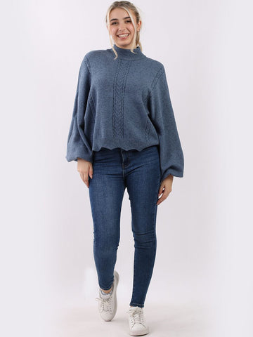 DENIM TALIAN PLAIN FUNNEL NECK BAGGY PUFF SLEEVES KNITTED CROP PULLOVER