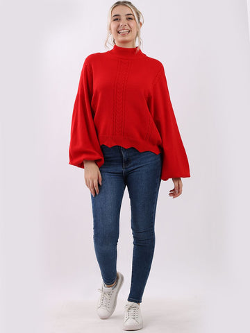 RED ITALIAN PLAIN FUNNEL NECK BAGGY PUFF SLEEVES KNITTED CROP PULLOVER