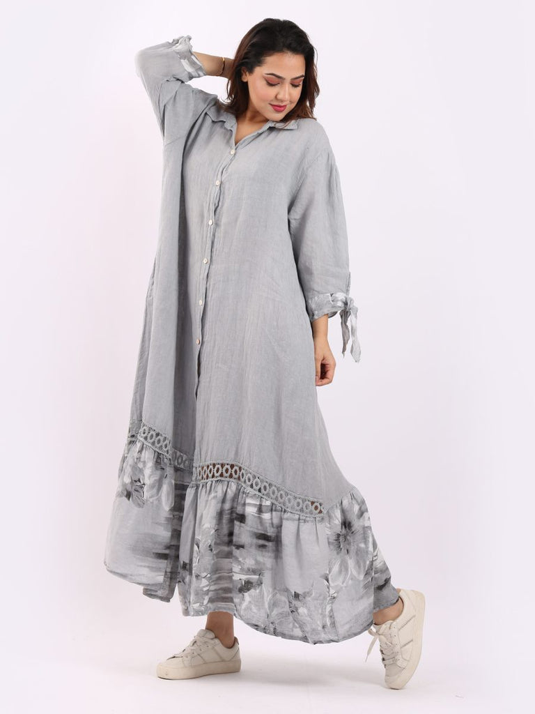 SILVER PLAIN LINEN EYELET LACE FRILLED HEM LAGENLOOK SHIRT DRESS