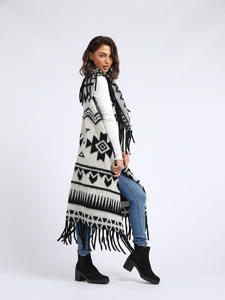 WHITE TRIBAL PRINT WOOL OPEN FRONT CARDIGAN Karma Boutique